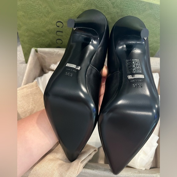 NEW Gucci GG Black Pointed-toe 105mm Leather Heel Pumps - Picture 6 of 8
